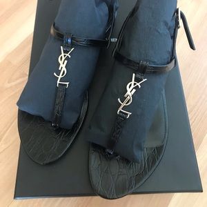 YSL Cassandra Logo T-Strap Sandal croc embossed